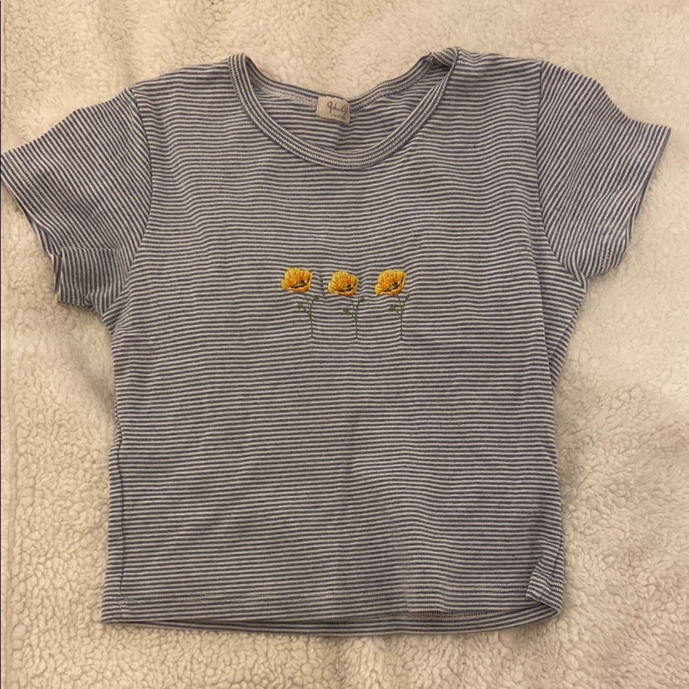 Brandy Melville Blue Striped Tee with Yellow Floral Design
